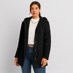 Marlena | Damen Knopf-Front Teddy Hoodie Mantel für Herbst & Winter in Schwarz