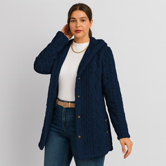 Marlena | Damen Knopf-Front Teddy Hoodie Mantel für Herbst & Winter in Marineblau