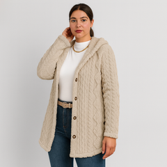 Marlena | Damen Knopf-Front Teddy Hoodie Mantel für Herbst & Winter in Khaki
