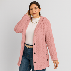 Marlena | Damen Knopf-Front Teddy Hoodie Mantel für Herbst & Winter in Dunkelrosa