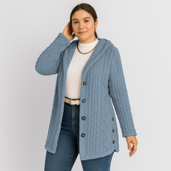 Marlena | Damen Knopf-Front Teddy Hoodie Mantel für Herbst & Winter in Jeans Blau