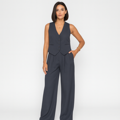 Elegantes 2-teiliges Set für Damen – Ärmelloses Top mit V-Ausschnitt und passende einfarbige Hose in Dunkelgrau
