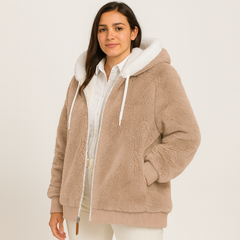 Leila | Lässiger Mantel mit Reißverschluss und Kapuze aus Kunstpelz in Khaki