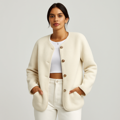 Serenna | Damen Wolloptik Mantel mit Rundhalsausschnitt in Beige