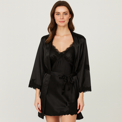 Elegantes 5-in-1-Pyjama-Set für Damen – Premium-Loungewear-Set mit Bademantel und passenden Teilen in Schwarz