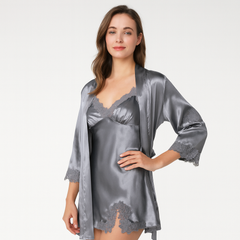 Elegantes 5-in-1-Pyjama-Set für Damen – Premium-Loungewear-Set mit Bademantel und passenden Teilen in Grau