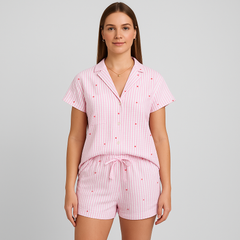 2-teiliges Damen-Pyjama-Set – Hemd zum Knöpfen und Shorts mit elastischer Taille in Rosa