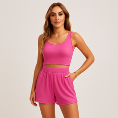 Geripptes Camisole- und Shorts-Set für Damen – Lässiges 2-teiliges Lounge-Outfit in Magenta