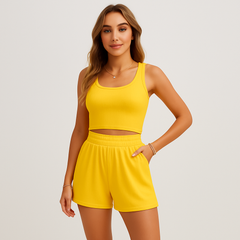 Geripptes Camisole- und Shorts-Set für Damen – Lässiges 2-teiliges Lounge-Outfit in Gelb