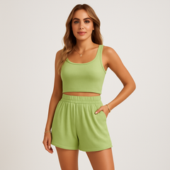 Geripptes Camisole- und Shorts-Set für Damen – Lässiges 2-teiliges Lounge-Outfit in Matcha