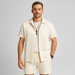 2-teiliges Jacquard-Strick-Set für Herren – Kurzarmhemd und Shorts in Unifarbe, Premium-Freizeitoutfit in Aprikose