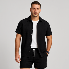 2-teiliges Jacquard-Strick-Set für Herren – Kurzarmhemd und Shorts in Unifarbe, Premium-Freizeitoutfit in Schwarz