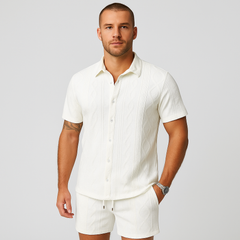 2-teiliges Jacquard-Strick-Set für Herren – Kurzarmhemd und Shorts in Unifarbe, Premium-Freizeitoutfit in Weiß