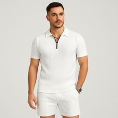 Sportliches 2-teiliges Herren-Set – Atmungsaktives, schnelltrocknendes Wendehemd und Jacquard-Shorts in Weiß