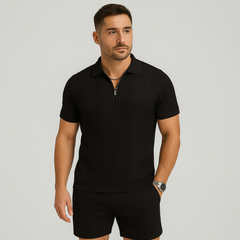 Sportliches 2-teiliges Herren-Set – Atmungsaktives, schnelltrocknendes Wendehemd und Jacquard-Shorts in Schwarz