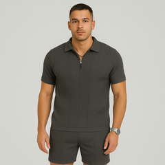 Sportliches 2-teiliges Herren-Set – Atmungsaktives, schnelltrocknendes Wendehemd und Jacquard-Shorts in Dunkelgrau