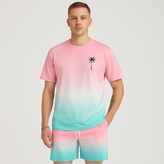 Herren Sommer Casual Set – Kurzarm Rundhalsausschnitt & Shorts mit 3D HD Digitaldruck in Pfirsich