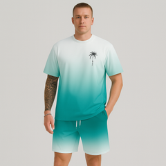 Herren Sommer Casual Set – Kurzarm Rundhalsausschnitt & Shorts mit 3D HD Digitaldruck in Smaragdgrün