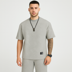 2-teiliges strukturiertes Herren-Set – Kurzarm-Oberteil mit Rundhalsausschnitt und passende Jacquard-Shorts in Grau
