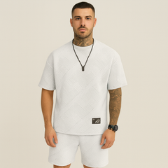 2-teiliges strukturiertes Herren-Set – Kurzarm-Oberteil mit Rundhalsausschnitt und passende Jacquard-Shorts in Weiß
