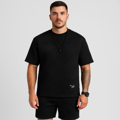 2-teiliges strukturiertes Herren-Set – Kurzarm-Oberteil mit Rundhalsausschnitt und passende Jacquard-Shorts in Weltraumschwarz