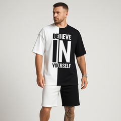 Herren-Motivationsset mit Farbblock-Print – „Glaub an dich selbst“ T-Shirt & passende Shorts in Weiß