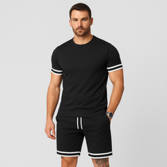 Neues lässiges 2-teiliges Herren-Set – Kurzarm-T-Shirt mit Rundhalsausschnitt und Shorts mit Kordelzug in Unifarbe in Schwarz