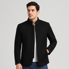 Julian Herren Wolljacke – Stehkragen mit Knopfleiste in Schwarz