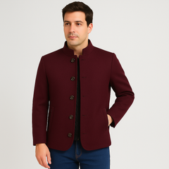Julian Herren Wolljacke – Stehkragen mit Knopfleiste in Karmesinrot
