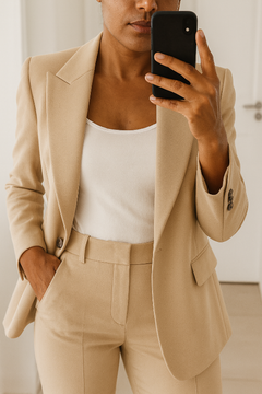 Eleganter Damenanzug für formelle Anlässe – Maßgeschneiderter Blazer mit mittelhoher Hose in Beige