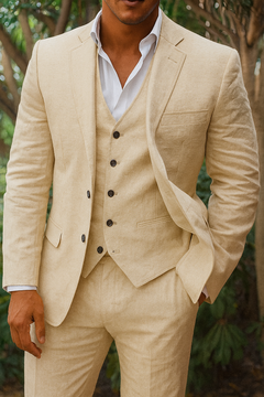 Dreiteiliges Herrenanzugset aus Leinen – Blazer, Weste und Hose, ideal für Hochzeiten und formelle Anlässe in Beige