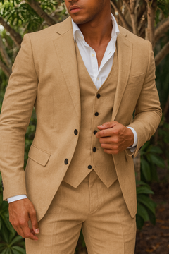 Dreiteiliges Herrenanzugset aus Leinen – Blazer, Weste und Hose, ideal für Hochzeiten und formelle Anlässe in Khaki