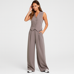 Elegantes 2-teiliges Set für Damen – Ärmelloses Top mit V-Ausschnitt und passende einfarbige Hose in Mauvegrau