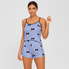 Damen-Pyjama-Set – Shorts & Top mit süßem schwarzen Herz-Print in Hellviolett