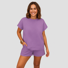 Elegantes 2-teiliges Set für Damen – Kurzarm-Crop-Top mit passenden Shorts in Lila