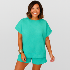 Elegantes 2-teiliges Set für Damen – Kurzarm-Crop-Top mit passenden Shorts in Aqua