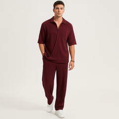 Herren-Zweiteiler – Stilvolles Casual-Outfit mit Langarmshirt und passender Hose in Weinrot