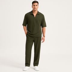 Herren-Zweiteiler – Stilvolles Casual-Outfit mit Langarmshirt und passender Hose in Amygrün