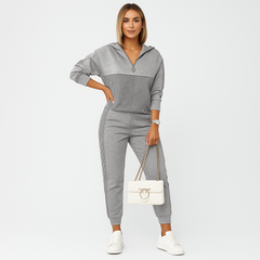 Schicker 2-teiliger Trainingsanzug für Damen – Kariertes Reißverschlussoberteil & schmal zulaufende Hose mit Seitenstreifen in Grau