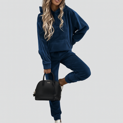Damen Freizeitanzug 2-teilig – Unifarbener Kapuzenpullover mit Kängurutasche & schmal geschnittene Jogginghose in Blau