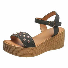 Sharon® | Schicke Damen Sandalen mit Schnalle und Keilabsatz in Schwarz