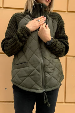 ANIYA™ | Gestrickte Patchwork-Jacke mit Reißverschluss in Dunkelgrün