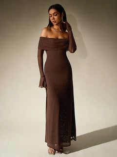 Alina - Damen Abendkleid mit Pailletten und transparenten Ärmeln in Braun