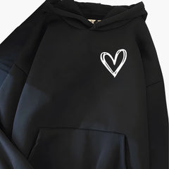 Damen Hoodie mit Kordelzugkapuze und Herz-Print in Schwarz