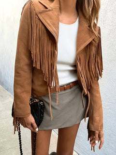 Damen Boho-Chic Jacke mit Fransen Wildlederimitat Lässiger Offener Schnitt in Braun