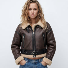 Damen Bomberjacke Doppelseitig Warm Elegant Winterjacke in Braun