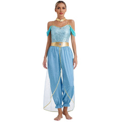 Damen Fantasy Halloween Jumpsuit | Schulterfrei im Harem-Stil in Blau