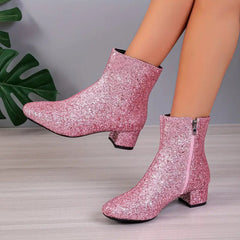 Damen Stiefeletten Kunstleder Glitzer Absatz Elegant in Rosa
