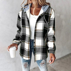 Damen Winter Hoodie Jacke mit Karo Muster Komfortable Freizeitjacke in Schwarz