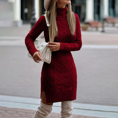 Damen Elegante Rollkragen-Strickkleid | Mini in Rot